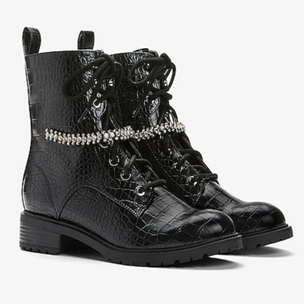 Express Gemstone Strap Croc Combat Boots - Black - 6